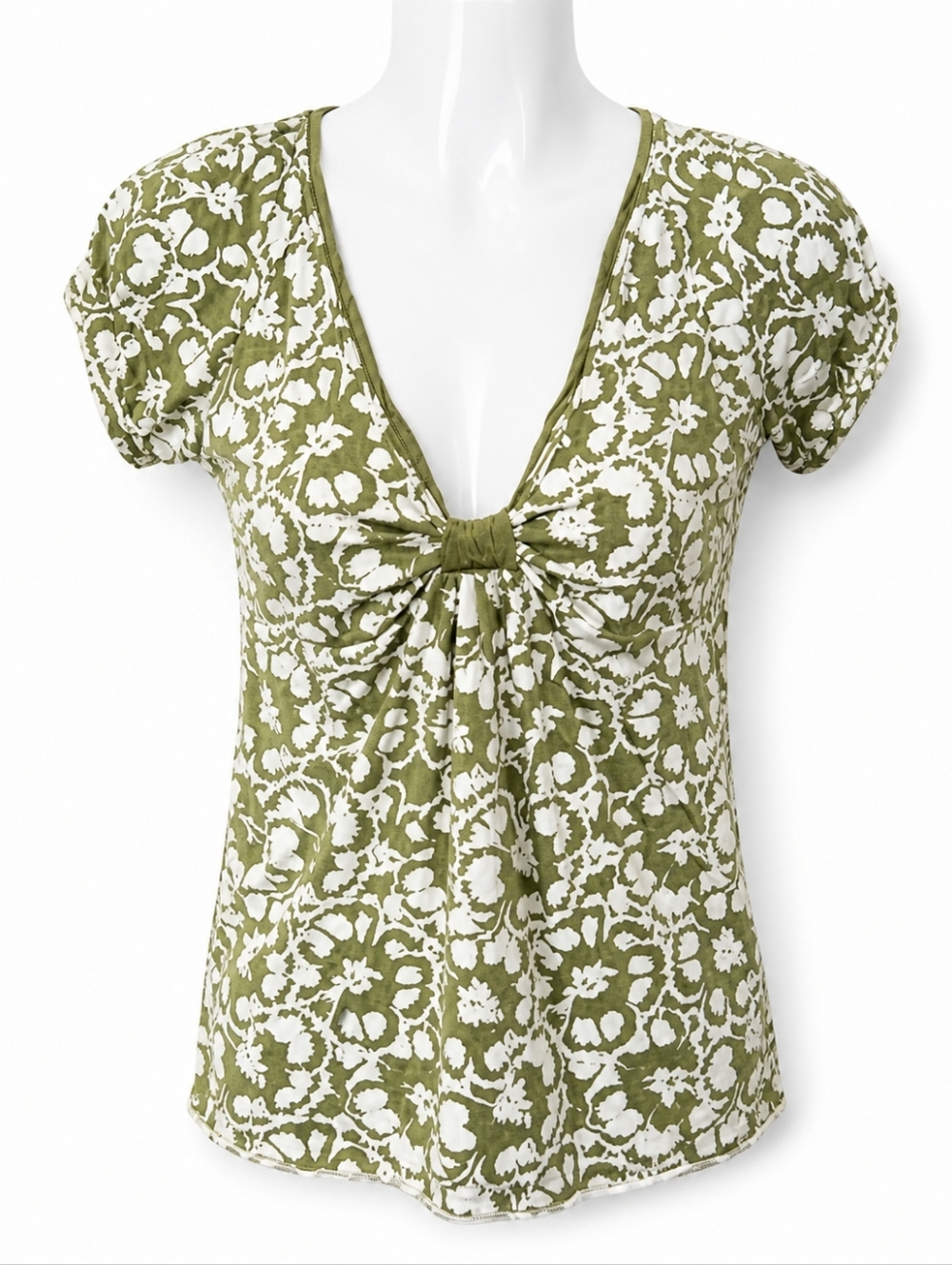 American Eagle Petite Floral Top Small Green Boho‎ V Neck Stretch Fitted Tee